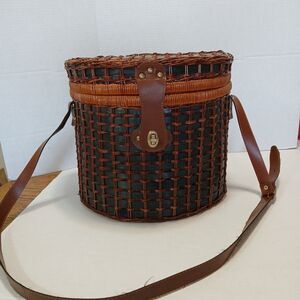 Vintage Mid-Century Picnic Blue RATTAN Wicker Hinged Strap Basket Blue Linning